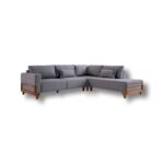 Sofa De Canto Versus 270x230 Tecido Linho cor Cinza c/madeira Castanho - PRONTA ENTREGA