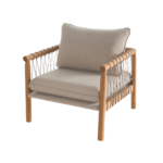 Poltrona Encosto Medio Modelo Loa Base Torneada de Madeira Tauari cor Madeira Natural com Detalhes em Cordas com Tecido Linho cor Bege Claro - SOB ENCOMENDA